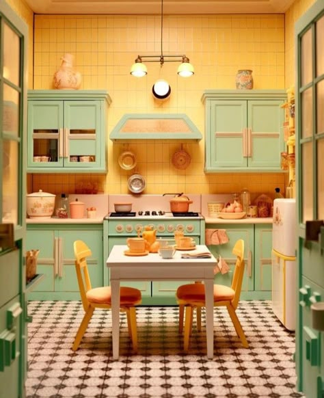 Yellow Kitchen Cabinets, Pastel Interior Design, Outdated Kitchen, Pastel Interior, Retro Interior Design, Chic Kitchen, Wes Anderson, Vintage Kitchen Decor, Art References