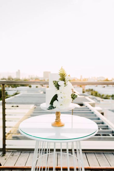 Cake With Palm Leaves, Wedding Cakes Two Tier, Simple Wedding Cakes, Rooftop Reception, Tropical Wedding Cake, Wildflower Photo, Fair Photography, White Buttercream, Two Tier Cake