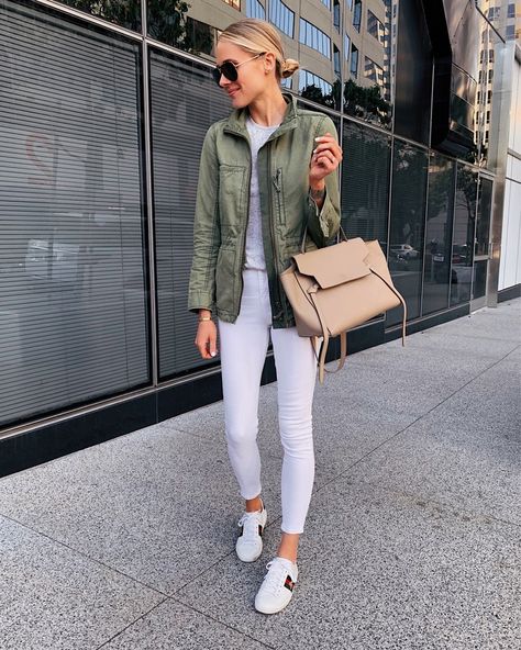 fashion_jackson | LIKEtoKNOW.it Green Utility Jacket Outfit, Utilitarian Outfit, Sneakers Celine, Gucci Sneakers Outfit, Utility Jacket Outfit, Tenis Gucci, Outfit Verde, Olive Vest, Jeans Gucci