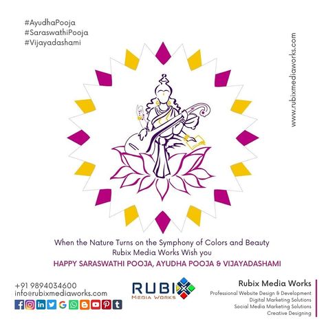 The entire nation is celebrating Saraswati Pooja today. The festival marks the preparation for the arrival of spring season and people (mostly students) worship goddess Saraswathi, who is considered the goddess of knowledge, art and music on the day. Rubix Media Works Wishes Happy Saraswati Pooja, Ayudha Pooja and Vijayadashami ~ Dussehra. _____ #Dussehra #Saraswathi #Ayudhapooja #Vijayadashami #Springseason #Pooja #Puja #Saraswathipooja #Goddess #Knowledge #Worship #Navami #Festival Ayudha Pooja Creative Ads, Saraswati Pooja, Saraswathi Pooja, Ayudha Pooja, Goddess Of Knowledge, Saraswati Goddess, Happy Dussehra, Art And Music, Professional Website Design