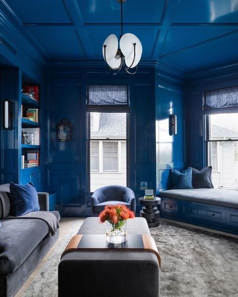 Chango & Co. on Instagram: "We made it to the end of the week! Design @changoandco . . . . . Photo @selliottphoto #library #sittingroomdecor #austin #blueroom" Navy Blue Bedding Sets, Navy Blue Bedding, Monochromatic Interior Design, Monochromatic Interior, Grey Accent Wall, Dark Grey Walls, Blue Ceilings, Amber Interiors, Leather Lounge