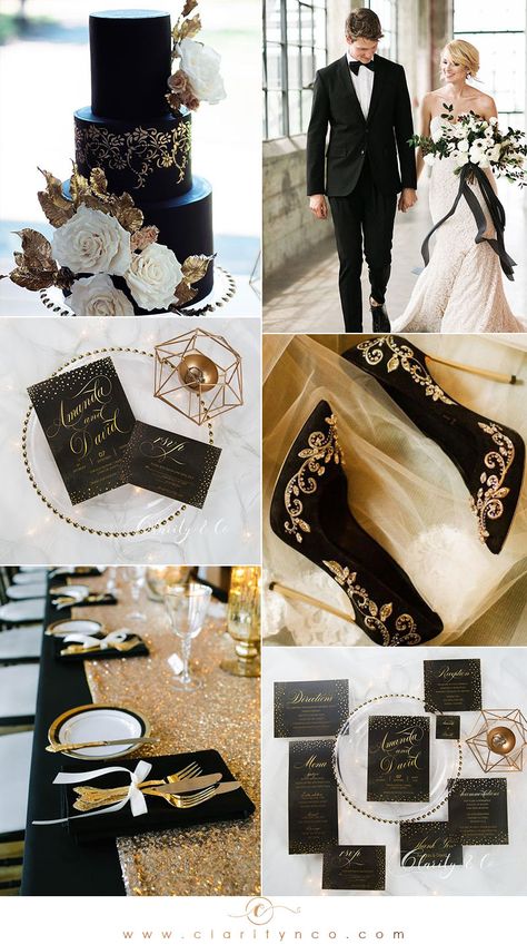 Midnight Chic black and gold Wedding Invitations CDI004 Best Wedding Theme Colors, Wedding Theme Black And Gold, Wedding Black And White Decorations, White Black And Gold Wedding Theme, Black Gold And Cream Wedding, Black Silver Gold Wedding, Black Tie Wedding Colors, Black And Gold Wedding Dresses, Copper And Black Wedding Theme