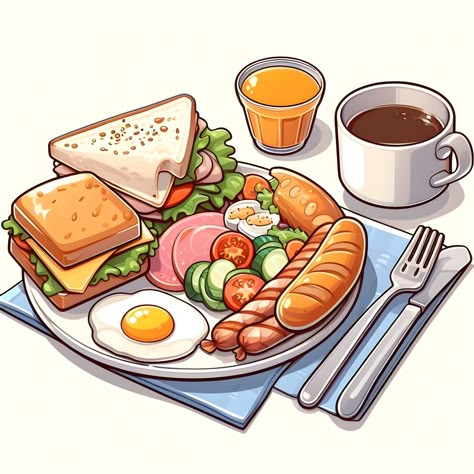 English Breakfast Illustration, Breakfast Cartoon, Breakfast Clipart, Cute Cartoon Food, Japanese Food Illustration, Baking Art, Food Sketch, Food Artwork, Food Cartoon