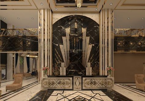 Art Deco Reception Interior, Modern Art Deco Hotel Lobby, Art Deco Hotel Reception, Art Deco Lobby Design, Art Deco Set Design, Art Deco Exterior Home, Luxury Hotel Reception, Art Deco Hotel Lobby, Art Deco Reception