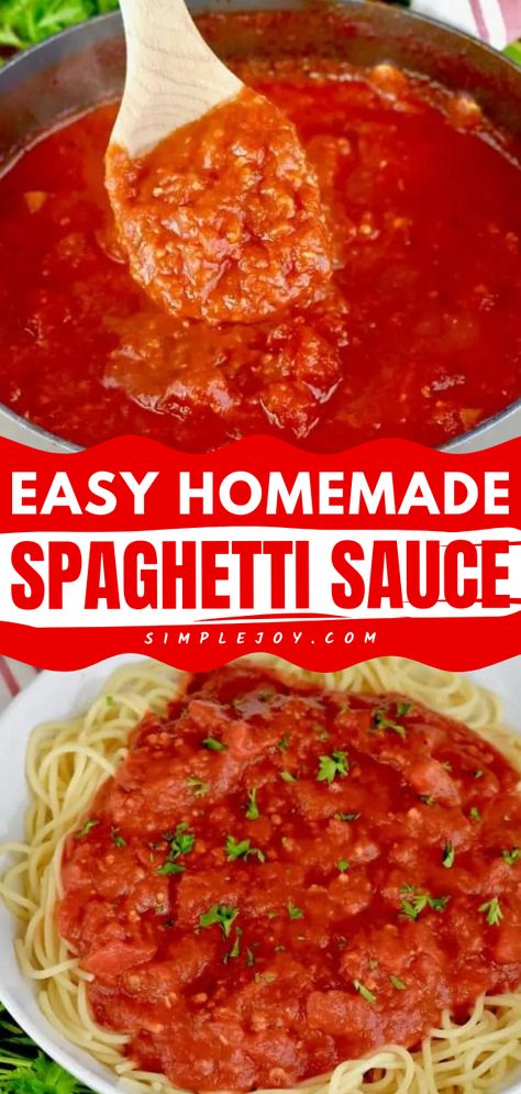 This Italian spaghetti sauce from scratch is the BEST! This condiment recipe is so quick and easy. In just 25 minutes, you can have a meatless homemade sauce that's full of flavor. Pin this for later! Easy Home Made Spaghetti Sauce Recipes, How To Make Spaghetti Sauce From Canned Tomatoes, Diy Spagetti Sauce Easy, How To Make Your Own Spaghetti Sauce, Easy Speggetti Sauce Recipe, Easy Canned Spaghetti Sauce Recipe, Homemade Spaghetti Sauce Crushed Tomato, Homemade Spaghetti Sauce Easy Canning, Spaghetti Sauce Recipes Easy