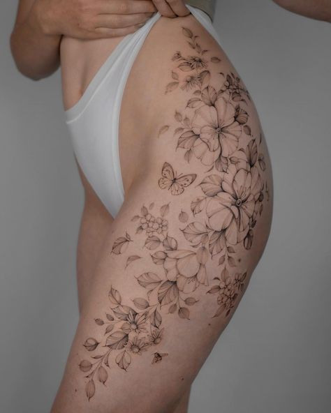 Discover the enchanting world of botanical tattoos in our comprehensive guide. Explore styles, symbolism, cultural inspirations, and find your perfect match. Botanical Tattoo Design, Thigh Piece Tattoos, Botanical Tattoos, Floral Back Tattoos, Mama Tattoo, Floral Thigh Tattoos, Small Girly Tattoos, Tattoos To Cover Scars, Torso Tattoos