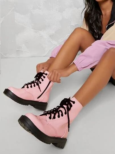 Cute Combat Boots, Pink Combat Boots, Pink Ankle Boots, Combat Boot Outfit, Black Lace Boots, Heeled Combat Boots, White Combat Boots, Knee Length Boots, Leather Biker Boots