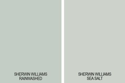 Rainwashed by Sherwin Williams is a beautiful green paint color with strong blue-gray undertones. It can appear more green or blue-gray depending on the light. It's a great choice for bathrooms and bedrooms. Learn more about this paint color and whether it's right for your home in this paint color review post. Rain Washed Sherwin Williams Bathroom, Rainwashed Kitchen Cabinets, Sw Rain Washed, Rain Washed Sherwin Williams, Sw Rain, Goth Decorations, Sherwin Williams Rainwashed, Neutral Paint Colors Sherwin Williams, Sherwin Williams Paint Colors Green