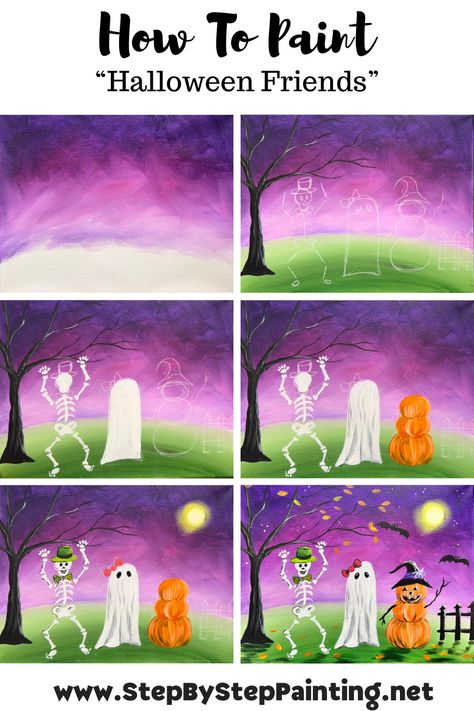 How To Paint "Halloween Friends" - Acrylic Painting Tutorial Halloween Canvas Paintings, Paint Halloween, Halloween Canvas Art, Skeleton Ghost, Halloween Friends, Fall Canvas Painting, Pumpkin Topiary, Fall Canvas, Canvas Painting Tutorials