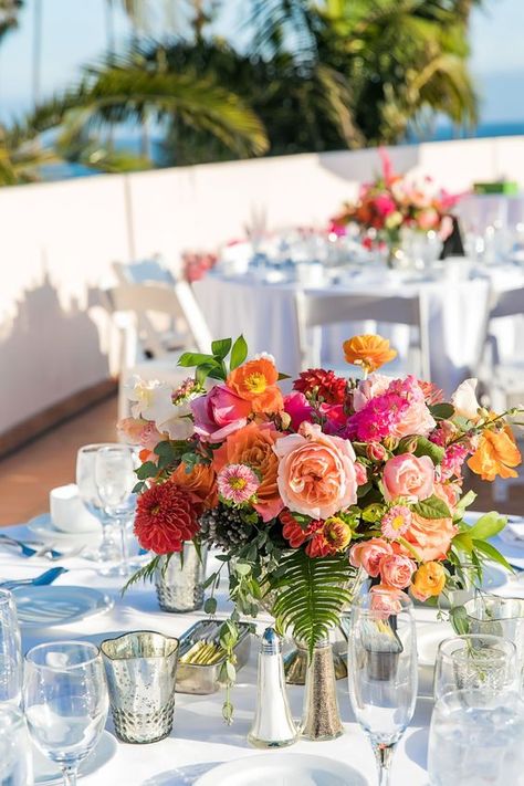 a colorful summer wedding centerpiece of hot pink, orange, light pink, red blooms and foliage is amazing Orange Wedding Centerpieces, Orange Centerpieces, Summer Wedding Centerpieces, Orange And Pink Wedding, Bright Wedding Flowers, Orange Wedding Flowers, Summer Centerpieces, Boda Mexicana, Bright Wedding