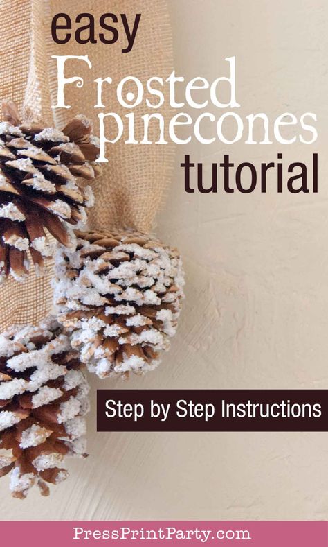 How to frost pinecones for Christmas decorations. In this easy tutorial, I will show you, not only how to frost the pinecones, but also a pretty and simple way to hang them. . Add your frosted pinecones to Christmas wreaths or just hand them as pretty and smell good decor. DIY with glue and Epsom salt and more. Learn how to make frosted pinecones with this almost free and elegant DIY Christmas decoration. Full Christmas craft tutorial with Epsom salts & craft glue. Press Print Party! Decorating Pinecones For Christmas, How To Frost Pinecones, Christmas Pinecone Wreaths, Decorating With Pinecones For Christmas, Glitter Pinecones Diy, Borax Pinecones, How To Bleach Pinecones Diy, Frosting Pinecones, Diy Pinecone Decor