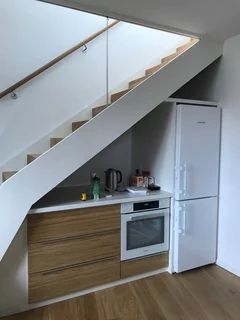 Kitchen under stairs Small Kitchen Under Stairs, Refrigerator Under Staircase, Small Kitchen Under Stairs Ideas, Refrigerator Under Stairs, Kitchen Under Stairs Ideas, Fridge Under Stairs, Kitchen Near Stairs, Open Under Stairs Ideas, Under Stairs Kitchen