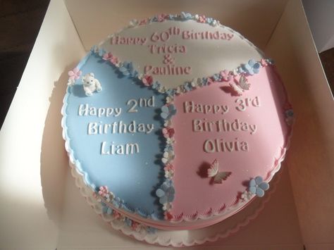 Cake For Triplets Birthday, Birthday Cake For Multiple Birthdays, Duo Birthday Cake Ideas, Group Birthday Cake Ideas, Multi Theme Cake, Cute Birthday Cakes For Mom, Triplet Birthday Cake, Multiple Birthday Cake Ideas, Shared Birthday Cake Ideas