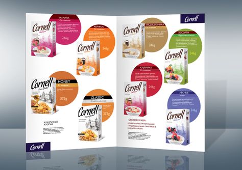 Cornell oatmeal and flakes packaging design by Lena McCoder, via Behance Food Catalogue Design Layout, Catlouge Design Ideas, Food Product Catalog Design, Food Catalogue Design, Catalogue Design Ideas, Food Catalogue, Product Catalog Design, Catalog Design Inspiration, Food Catalog