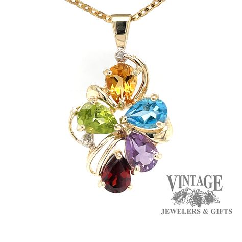 14 karat yellow gold multi-color gemstone pendant Multi Stone Pendant, Pear Shaped Pendant, Center Point, Peridot Pendant, Anniversary Ideas, Colored Stones, Color Stone, Yellow Gold Pendants, Floral Jewellery