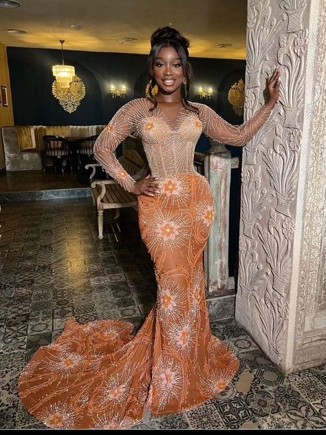 Gorgeous and fascinating styles for church and occasions. Volume 131. - Stylish Naija Orange Lace Styles, Luxurious Gowns, Orange Prom Dress, Orange Dress Wedding, Long Gown Styles, Nigerian Wedding Dress, Orange Prom Dresses, Nigerian Lace Styles Dress, Dream Prom Dress