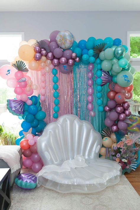 Sophia's Magical Mermaid 4th Birthday Pool Party | CatchMyParty.com Mermaid Birthday Party Ideas, Birthday Pool Party, Mermaid Pool Parties, Ariel Birthday Party, Ariel Party, Mermaid Birthday Decorations, Mermaid Invitation, Princess Birthday Party Decorations, Mermaid Birthday Party Decorations