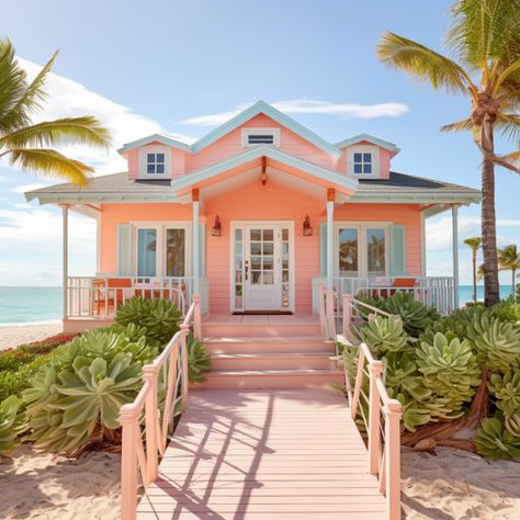 Pink Beach House Exterior, Mini House Exterior, Blue Beach House Exterior, Beach House Exterior Paint Colors, Bloxburg Towns, Coral Beach House, Coastal Bloxburg, Beach House Exterior Colors, Beach House Paint Colors