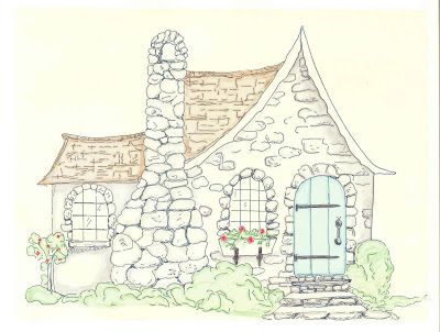 Drawing Of A Cottage, Cottage Line Drawing, How To Draw A Cottage, Stone House Drawing, Cottage Drawing Simple, Cottage Doodle, Cottage House Drawing, Cottage Drawings, Drawing Cottage