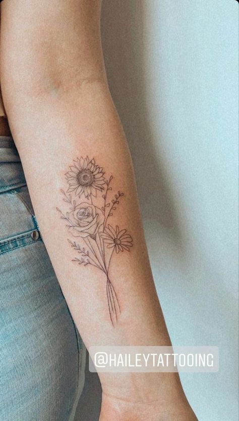 Simbols Tattoo, Coordinates Tattoo, Flower Bouquet Tattoo, The Best Tattoos, Bouquet Tattoo, Wildflower Tattoo, Tattoo Forearm, Birth Flower Tattoos, Sunflower Tattoos