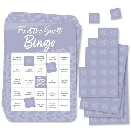 Everybody will have fun playing Purple Elegantly Simple Bingo at any Bridal Party or Wedding Celebration. Playing cards with Wedding Related instead of numbers give this classic game a fresh look. In sets of 18, Bingo Cards and Markers are professionally printed and double-sided on sturdy cardstock paper. Setup play by simply folding and tearing the perforated call sheets to create caller chips. Designate a bingo leader to pull caller chips from bowl. Hand out one bingo card and one perforated m Find The Guest Bingo, Wedding Bingo, Easy Party Games, Guest Bingo, Find The Guest, Bridal Shower Bingo, Bingo Set, Bridal Bingo, Blue Bridal Shower