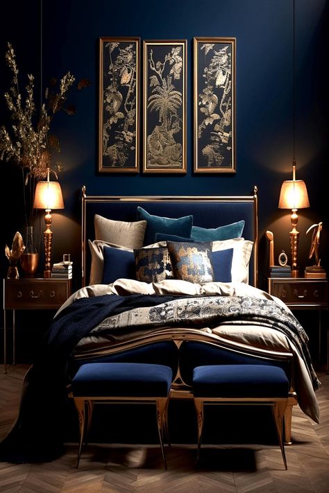 Elegant dark bedroom with navy blue walls, golden accents, framed botanical art, and plush bedding. Royal Blue Bedrooms, Bedroom Moody, Dark Blue Rooms, Blue And Gold Bedroom, Color Palets, Dark Cozy Bedroom, Light Blue Bedroom, Cream Bedroom, Blue Bedroom Walls