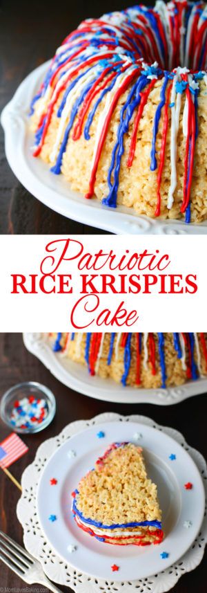 Patriotic Rice Krispies Cake Rice Krispies Cake, Rice Krispie Cakes, Patriotic Desserts, July Recipes, Krispy Treats, Bundt Cake Pan, Rice Krispy, Rice Krispie Treats, Rice Krispie