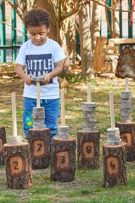 Child sliding rings onto a numbered tree stump. Nature Based Classroom, Outdoor Playscapes, Preschool Garden, Outdoor Learning Spaces, Forest School Activities, Outdoor Play Spaces, Track Team, Farm School, Number Lines