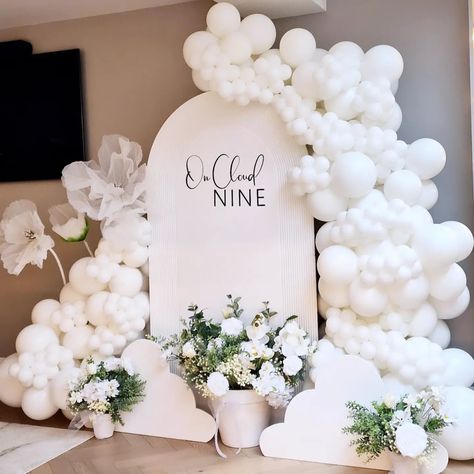 ON CLOUD NINE BRIDAL SHOWER Happy Easter everyone 🐣🐣🐣 There's something about a simple white set up that I love. It's the perfect… | Instagram Cloud Theme Party Backdrops, Bridal Shower Cloud Nine, On Cloud Nine Bridal Shower Ideas, We're On Cloud 9 Baby Shower Theme, Cloud Nine Bridal Shower Decor, On Cloud 9 Backdrop, On Cloud Nine Bridal Shower Theme Decor, Cloud Nine Engagement Party, Pearl Party Decorations