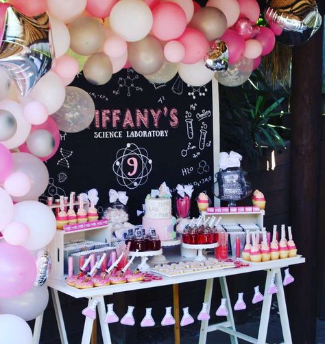 Tiffany’s Project Mc2 Science party | CatchMyParty.com Ada Twist Scientist Birthday, Science Party Cake, Ada Twist Scientist, Party Lunch Boxes, Science Party Decorations, Science Birthday Party Ideas, Scientist Birthday Party, Project Mc, Science Birthday Party