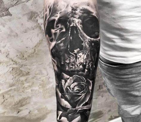 Skull and rose tattoo by Alex Noir Black Rose And Skull Tattoo, Rose Black And Grey, Upper Arm Tattoos For Guys, Skull And Rose Tattoo, Realistic Skull, Realistic Rose Tattoo, Skull Rose Tattoos, Skull Sleeve Tattoos, Realistic Tattoo Sleeve