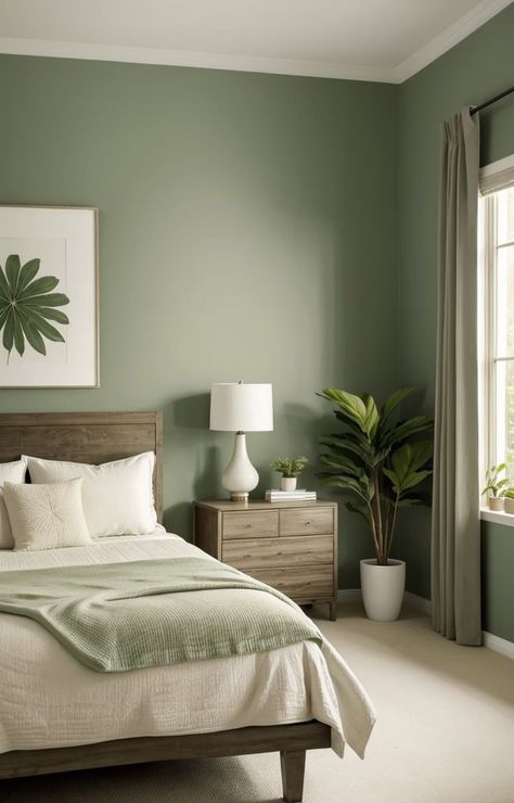 Green Room Ideas Bedroom, Green And White Bedroom, Olive Green Bedrooms, Green Bedroom Walls, Green Bedroom Decor, Room Color Combination, Bilik Idaman, Bedroom Color Combination, Sage Green Bedroom