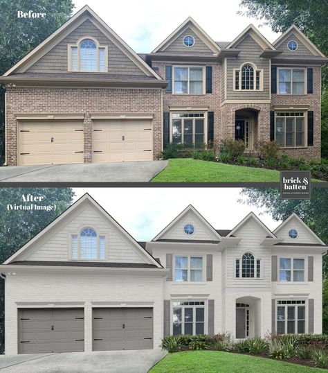 Painted Brick With Tan Siding, Brick With White Siding, Beige Brick House Exterior, Cream Brick House Exterior, Beige Exterior House Colors, Painting Brick Exterior, Beige House Exterior, Gray Garage, Home Exterior Colors Schemes