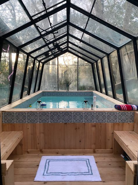 Hot Tub Inside Greenhouse, Hot Tub House Backyard, All Season Room With Hot Tub, Hot Tub In Sunroom, Tiny House With Hot Tub, Hot Tub Terrace, Green House Sitting Area, Swim Spa In Greenhouse, Sunroom Hot Tub