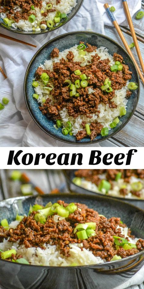 A quick and easy supper solution, this Korean Beef is a full meal the whole family will love. Packed with Asian flavor, this Asian-style ground beef is served over a bed of fluffy white rice and garnished with bright green onions for a stunning, under 30 minute meal. White Rice With Ground Beef, Under 30 Minute Meals, Ground Beef White Rice Recipes, Family Supper Recipes, Beef And White Rice Recipes, White Rice And Ground Beef Recipes, Healthy Meals With White Rice, Dinner Ideas With White Rice, Healthy Supper Ideas With Ground Beef