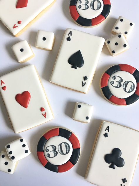 #bakedinnashville #nashvilletn #nashvillecookies #pokercookies #pokerchipcookies #deckofcardcookies #gamblingcookies #vegascookies #dicecookies #rollthedicecookies Vegas Decorated Cookies, Poker Themed Cookies, Poker Party Desserts, Casino Party Dessert Table, Casino 30th Birthday Cake, Vegas Themed Cookies, Casino Night Desserts, Casino Night Cookies, Poker Cookies Decorated