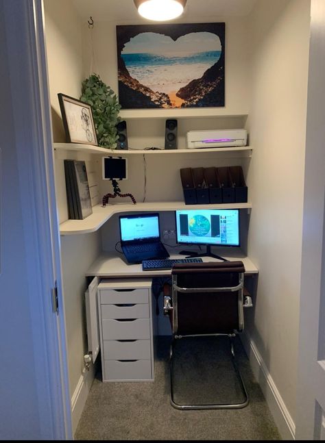 Workroom Ideas Small Spaces, Extra Small Office Ideas, Mini Office Space Ideas, Closet Office Ideas Small Walk In Diy, Tiny Office Storage Ideas, Tiny Office Storage, Cloffice Under Stairs, Tiny Workspace Ideas, Small Walk In Closet Office