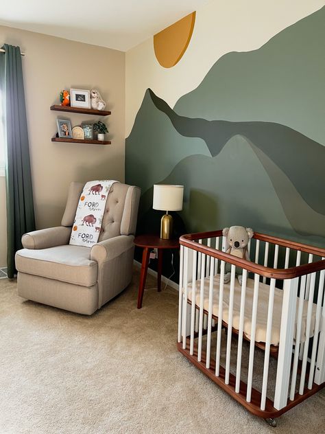 Outdoorsy Themed Nursery, Modern Forest Nursery, Pacific Northwest Nursery Theme, Nursery Ideas National Parks, National Parks Room, Camping Nursery Theme Gender Neutral, Mountain Woodland Nursery, Pnw Nursery Theme, Mountain Mural Painting