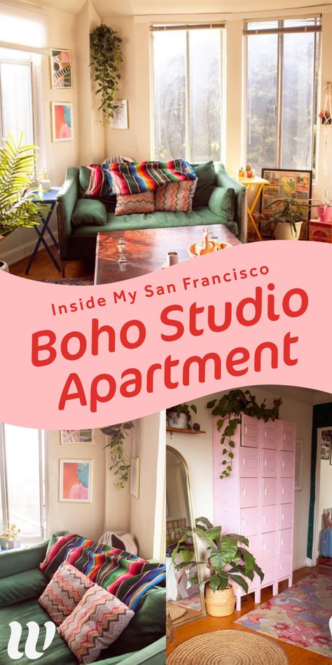 Apartment Tour: Inside My San Francisco Boho Studio Apartment! Bohemian Decor Inspiration. Whimsy Soul. Learn more about our Boho Living Room and find the best decor inspiration for your house. Whimsy Soul. Boho Small Studio Apartment, Boho Apartment Living Room Small Spaces, Small Boho Studio Apartment Ideas, Small Space Boho Decor, Boho Style Studio Apartment, Small Boho Apartment Ideas, Studio Boho Apartment, Small Bohemian Apartment, Small Boho Apartment Living Room