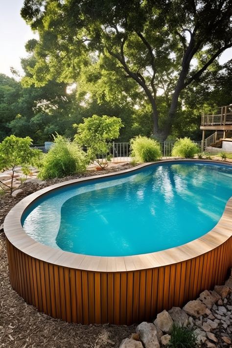 Beautiful Above Ground Pool, Chic Above Ground Pool, Aesthetic Above Ground Pool, Fancy Above Ground Pools, Above Ground Pool Aesthetic, Oval Pool Deck Ideas, Pool Decking Ideas, Round Above Ground Pool Ideas, Pool Area Landscaping