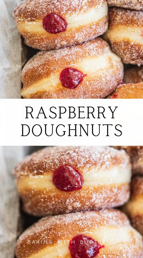 Treat yourself to the ultimate dessert with raspberry doughnuts, featuring a soft dough and sweet raspberry filling. Homemade Raspberry Jam, Doughnut Recipe Easy, Donut Filling, Homemade Donuts Recipe, Filled Donuts, Raspberry Recipes, Dough Ingredients, Raspberry Filling, Homemade Donuts