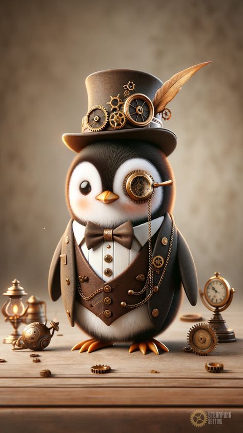 Meet the fanciest steampunk penguin! This charming image showcases a penguin dressed in elegant steampunk attire, complete with top hat, monocle, and intricate gear accessories. It's a whimsical blend of animal cuteness and Victorian steampunk sophistication, perfect for those who love unique and playful art. Steampunk Animals Art, Steam Punk Animals, Steampunk Chicken, Penguin Phone Wallpaper, Penguin Astronaut, Steampunk Penguin, Animals Wearing Clothes, Steampunk Phone, Elegant Steampunk