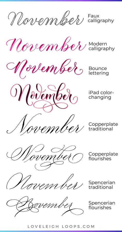 Learn to write Novemeber in calligraphy with this easy calligraphy tutorial from Loveleigh Loops! Here you'll find 8 beautiful calligraphy examples of the month November and each one comes with a quick lesson how to write it. If you're looking for a fun calligraphy project, the word November is a good place to start. Follow Loveleigh Loops for more calligraphy ideas and tutorials! Lettering Prompts, Easy Calligraphy, Fun Calligraphy, Calligraphy Writing Styles, Practice Calligraphy, Handwriting Practice Paper, Flourish Calligraphy, Calligraphy Fonts Alphabet, Fancy Writing