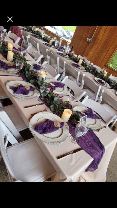 Plum Wedding Table Settings, Purple And Green Table Decorations, Dark Purple Centerpieces Wedding, Eggplant Tablecloth Wedding, Purple Wedding Theme Table Decorations, Purple Runner Wedding Table, Purple Table Runner Ideas, Sage Green And Lavender Centerpieces, Dark Purple Wedding Theme Table Settings