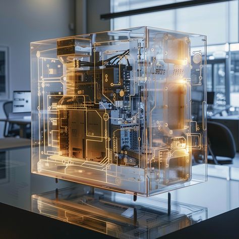 Futuristic Computer Model: A transparent, highly detailed model of a computer's internals displayed in a modern office setting. #technology #computer #futuristic #transparent #model #aiart #aiphoto #stockcake ⬇️ Download and 📝 Prompt 👉 https://ayr.app/l/oQ52 Futuristic Computer, Contemporary Office Space, Dark Grey Background, Office Setting, Contemporary Office, Quantum Computer, Computer System, Computer Technology, Electronic Devices