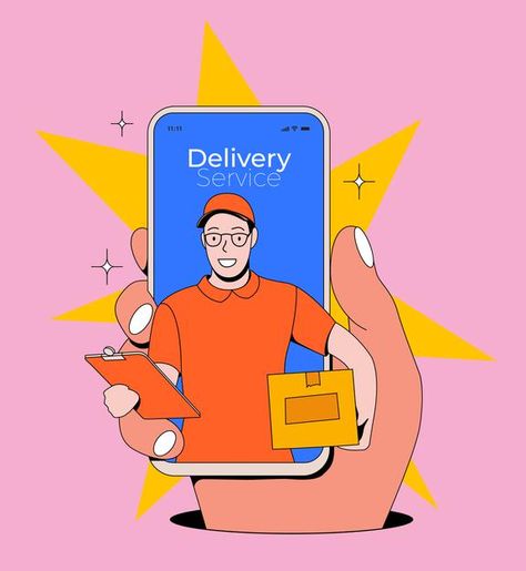 Online delivery service concept with han... | Premium Vector #Freepik #vector #hand #phone #man #box Delivery Guy Illustration, Phone Illustration Smartphone, Delivery Man Illustration, Illustration System, Delivery Illustration, Hand Holding Phone, Delivery Guy, Poster Project, Hand Phone