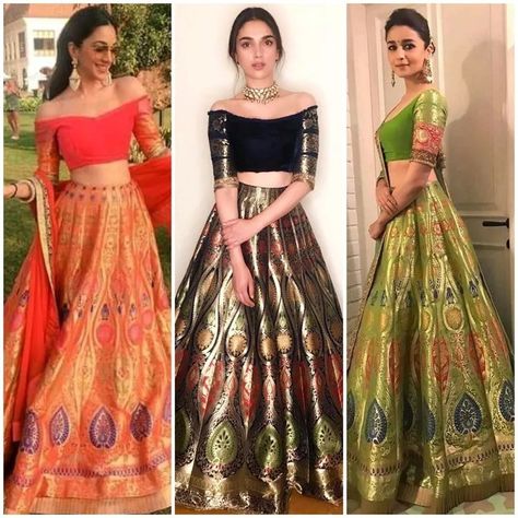 Pinkvilla Fashion on Instagram: “#Fashionfaceoff: @kiaraaliaadvani , @aditiraohydari or @aliaabhatt ; Who wore the @manishmalhotra05 brocade lehenga best?🧡🖤💚 . . . . .…” Sabyasachi Banarasi Lehenga, Banarasi Blouse Design For Lehnga, Banarasi Skirt And Top, Banarasi Lehenga Look, Banasari Lehenga, Banarasi Lehenga Sabyasachi, Brocade Lehenga Banarasi, Banarsi Lehnga Designs, Banarsi Lengha