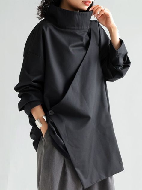 Avant Garde Fashion Street, Ropa Upcycling, Daily Dress, Solid Clothes, Cotton Style, Black Coat, Black Blouse, Casual T Shirts, Black Long Sleeve