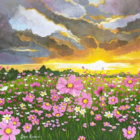 Sam Horton | Original Art | Prints | Australia on Instagram: "New painting featuring a field of pretty pink cosmos bouncing under a dramatic, moody sunset sky. That moment when the world turns to gold, before the night. The colours heart warming and reassuring that everything is temporary and that there is beauty and glory to be found in the messy middle.⁠ ⁠ Part of a collection of pretty Floral Landscapes, exploring fields of flowers and dramatic skies to evoke a feeling of breathtaking peace a Messy Middle Part, Poetry Painting, Pink Cosmos, Fields Of Flowers, Cosmos Art, Everything Is Temporary, Large Scale Art, Australian Flowers, Small Artwork