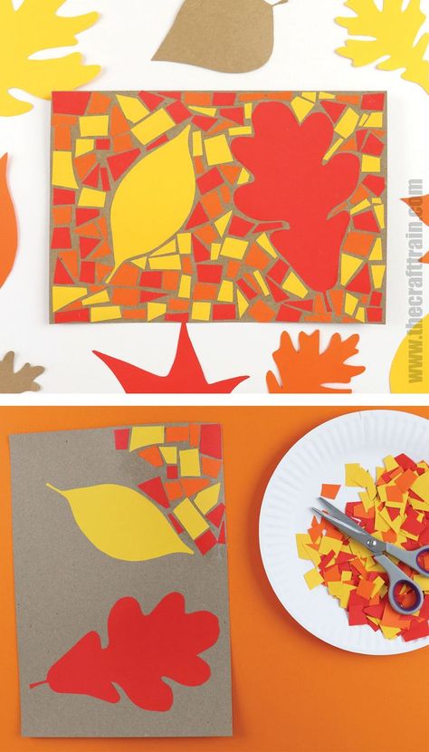 leaf artwork for Fall made from paper mosaic Høstaktiviteter For Barn, Paper Mosaic, Fall Arts And Crafts, Fall Art Projects, Diy Thanksgiving, Elementary Art Projects, Homeschool Art, Fall Crafts For Kids, Autumn Crafts